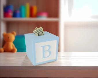 Traditional Wooden Letter Block Piggy Banks for Boys. This Classic Design Makes Beautiful Nursery Decor and Best Seller Baby Gifts