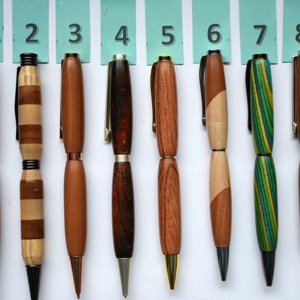 Wooden Pens for the Ideal  Present, Slimline Twist Action Ballpoint Pens made from various woods ,comes complete with a Gift Box.