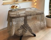 Unique hand knitted crochet lace tablecloth for living room. Undyed natural linen round tablecloth. Rustic vintage coffee table decoration.
