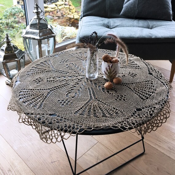 Hand knitted coffee table crochet doily. Undyed natural linen Etsy