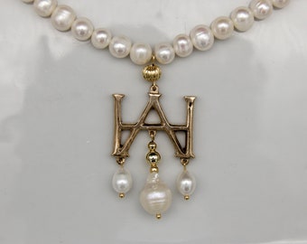 Boleyn necklace "H+A", bronze with freshwater pearls