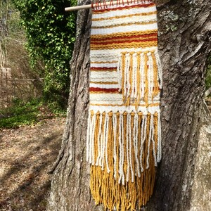Wall Weaving Tapestry in Golds, White and Red-Orange