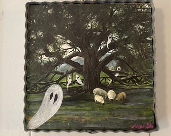 Ghost Party Altered Art Painting of Ghosts Hangable Wall Art