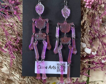 Translucent Clear and Purple Skeleton Dangle Earrings Resin Handmade Jewelry