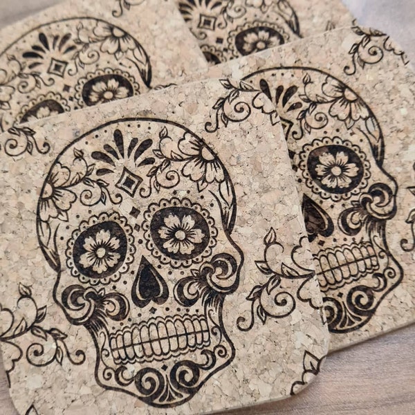 Cork Skull Coasters / Sugarskull / Cork / Laser Engraved / Laser Engraving / Coasters / Tattoo / rayven studios / christmas / alternative