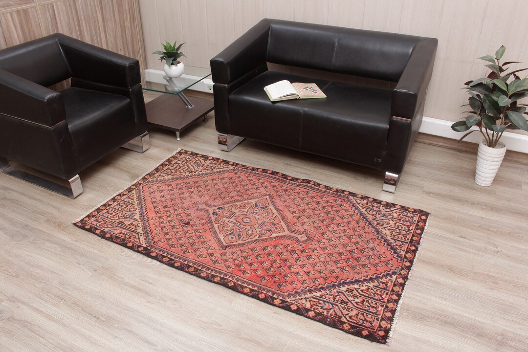 3x5 Rug Vintage Kitchen Area Rug Handmade Red Rugs for Bedroom, 3'1 X 5