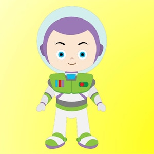 May include: A cartoon illustration of Buzz Lightyear from the Toy Story franchise. He is wearing his signature space ranger suit with a green vest, white pants, and a purple helmet. He has blue eyes and a friendly smile.
