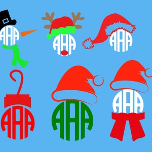 May include: A set of six Christmas-themed monogram designs featuring a snowman, reindeer, and Santa hats. The monograms are in white, red, and green and feature the letters "AAA".