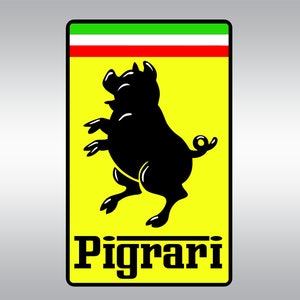 Puede incluir: Un logotipo amarillo y negro con una silueta negra de un cerdo de pie sobre sus patas traseras. El logotipo tiene una franja verde y blanca en la parte superior y la palabra "Pigrari" en letras negras en la parte inferior.