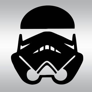 May include: Black and white silhouette of a Stormtrooper helmet from Star Wars.