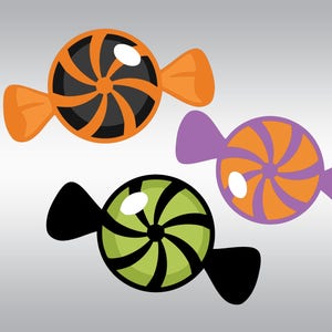 May include: Three colorful candy illustrations with a swirl design. The candies are wrapped in orange, purple, and black wrappers.