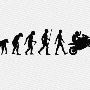 Peut inclure: Graphique de silhouette noire représentant l'évolution humaine, se terminant par une personne à moto. L'image montre une progression du singe à l'humain, avec la dernière étape sur une moto.