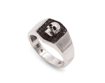 Skull Stamp Ring With Black Zircons | sterling silver signet ring | skull signet | statement ring | skull silver ring | skull head | 925