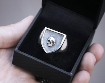 Skull Signet Ring | Sterling Silver Skull Shield Stamp Ring