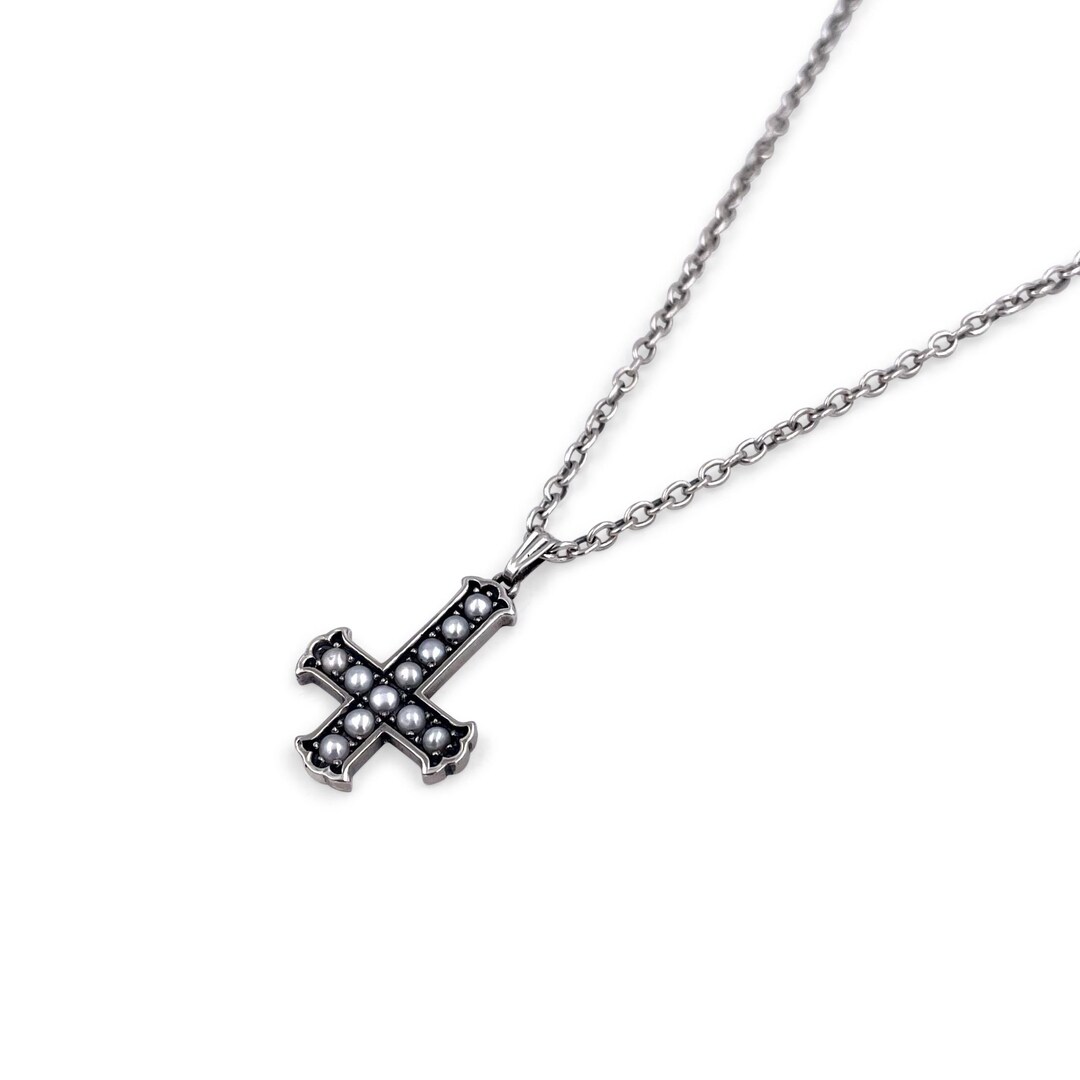 Cross Necklace Pearl Upside Down Cross Necklace Goth Sterling Silver Gothic Necklace Silver