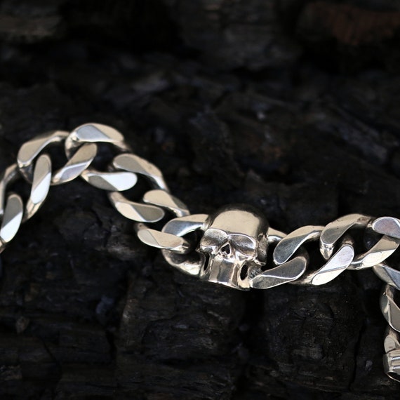 ブレスレット WILLIE and DUFFY Skull chain bracelet silver 925 handmade Sterling Silver Skull Links Bracelet - Silver 925 Cuban