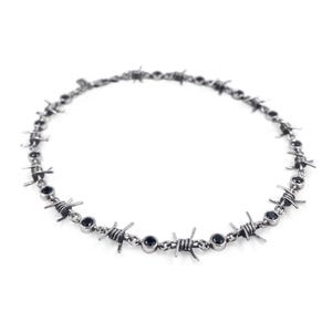 Sterling Silver Barbed Wire Necklace With Black Stones | Barb Wire Goth Choker Necklace | Wire Chain Necklace | Punk Rock Twisted Choker
