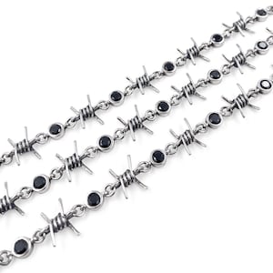 Sterling Silver Barbed Wire Necklace With Black Stones | Barb Wire Goth Choker Necklace | Wire Chain Necklace | Punk Rock Twisted Choker