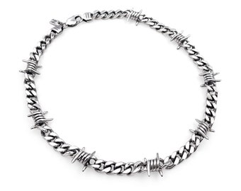 Sterling Silver Barbed Wire Chain Necklace | Silver Barb Wire Goth Choker Necklace | Wire Chain Link Necklace | Punk Rock Twisted Choker
