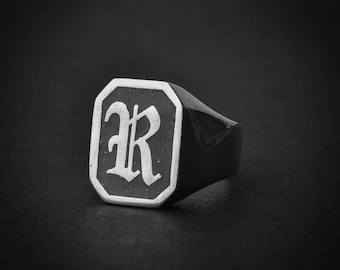 Zilveren Ring met eerste Signet | naam signet ring | Octagon brief ring | verklaring signet ring | 925 zilveren | gepersonaliseerde eerste ring