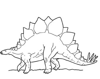 May include: Line drawing of a Stegosaurus dinosaur. The dinosaur is depicted in profile, walking to the left. It has a series of large, triangular plates along its back and a spiked tail.