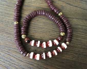 Antik röd Dzi-pärlhalsband och armband