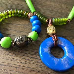 Polymer Clay Pendant Necklace and Bracelet Set. Green and Blue Necklace Tribal Necklace and Bracelet