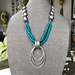 Turquoise Silver Pendant Necklace Set Tribal Pendant Necklace African Necklace