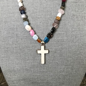 Gemstone Necklace: Nepal Cross Pendant, Multi-Colored Beads