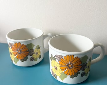 Vintage mod floral mugs set of 2 orange yellow green 1970s