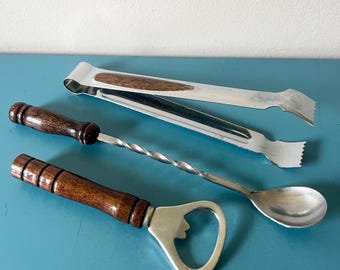Vintage MCM wood and metal  bar tools, ice tongs spoon bottle opener