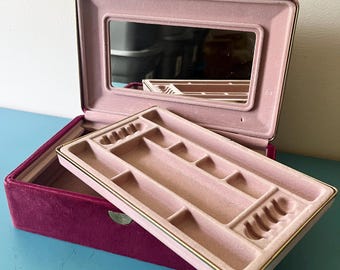 Vintage crushed velvet burgundy red jewelry box with tray and mirror