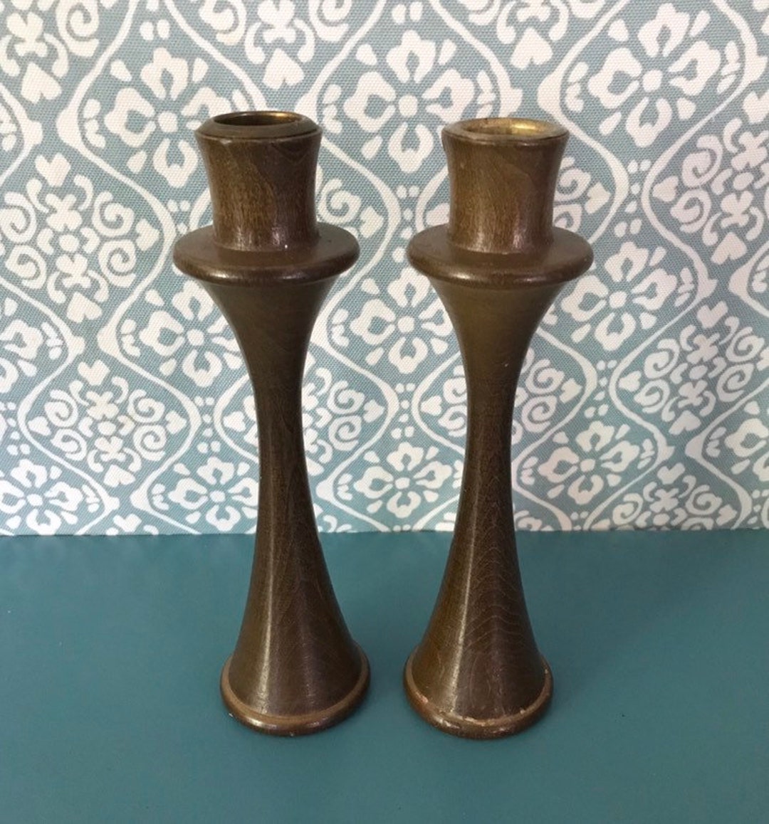 Vintage Wood Candlestick Holders, Pair, Set of 2 With Tin Inserts, Teak ...