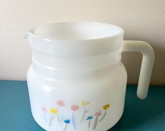 Vintage Arcopal milk glass coffee pot, pastel floral pitcher