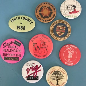 Vintage pinback buttons Southern Ontario  80s 90s set of 9, Guelph Kitchener Kincardine London