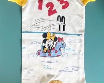 Vintage Baby Disney Mickey Minnie shortalls romper, yellow (0-6 Months)