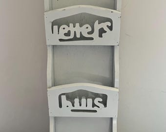 Vintage wood letter holder mail sorter key drop, painted white 70s wood shelf