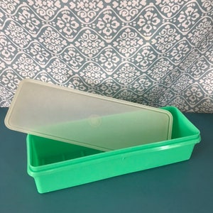 Peut inclure: Un récipient de rangement rectangulaire en plastique vert avec un couvercle transparent. Le récipient a une surface lisse et mesure environ 25 cm de long.