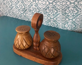 Vintage teak pineapple salt and pepper shakers with caddy, vintage kitchen