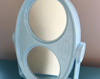 Vintage large makeup mirror tabletop magnifying mirror double-sided 80s baby blue