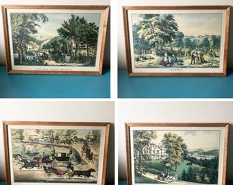 Ensemble d'estampes encadrées vintage Currier & Ives, scènes champêtres, Central Park (16" x 11")