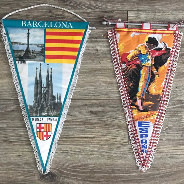 Vintage pennants Spain and Barcelona travel souvenirs, wall hangings travel flags