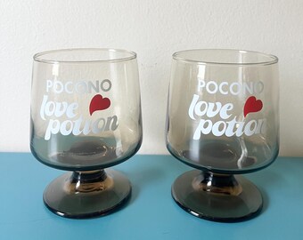 Vintage 1970s Pocono Love Potion stemmed lowball cocktail glasses set of 2, smoky glass souvenir cups