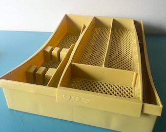Vintage harvest gold sliding cutlery tray, double decker plastic utensil storage 1970s