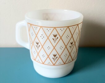 Vintage Termo-Rey Brazil milk glass mug orange and brown floral, vintage kitchen