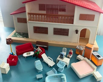 Vintage Blue Box Candy Home Dollhouse, 1980s Spanish Style, Furniture & Figures