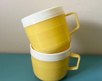Vintage Cornish Therm-o-ware plastic mugs set of 2, yellow stripe with white interior