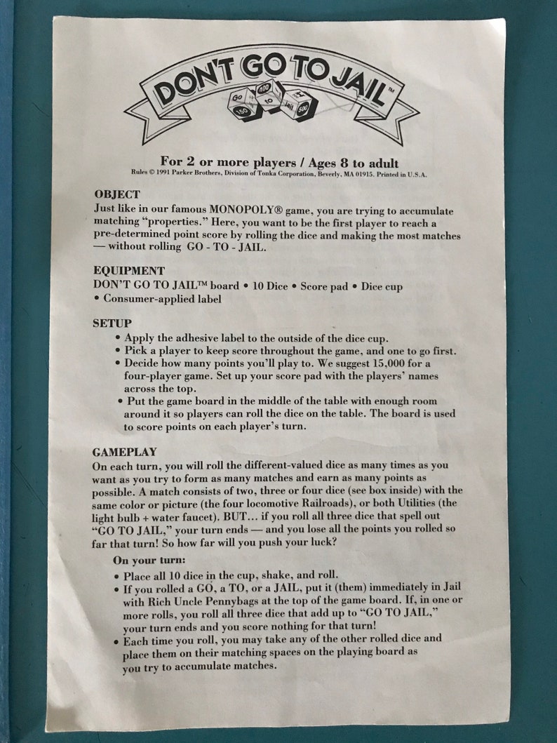 Vintage Monopoly Dont Go to Jail Dice Game, 1991 Parker Brothers, Retro