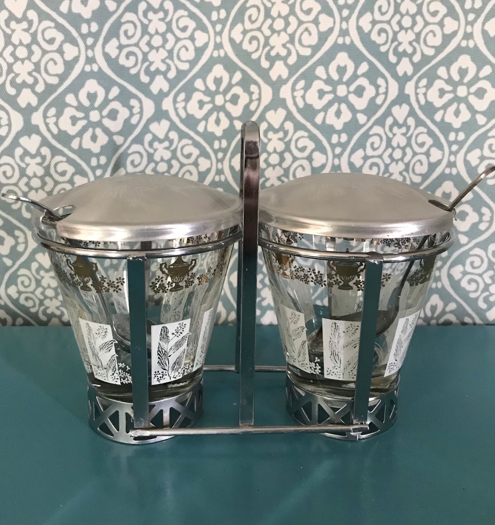 Vintage Libbey Condiment Caddy, Dual, With Lids and Spoons, Teapot and