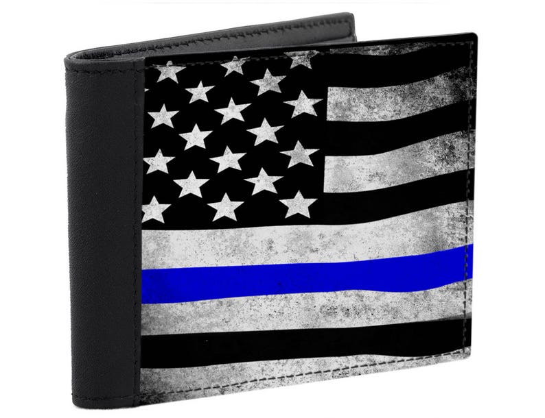 Men S Leather Wallet Thin Blue Line Usa Flag Stars Image 0